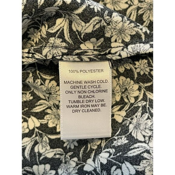 Madison Grey L Satin Top Long Sleeve VNeck Flowy Black/Ivory Floral Print - Picture 2 of 5